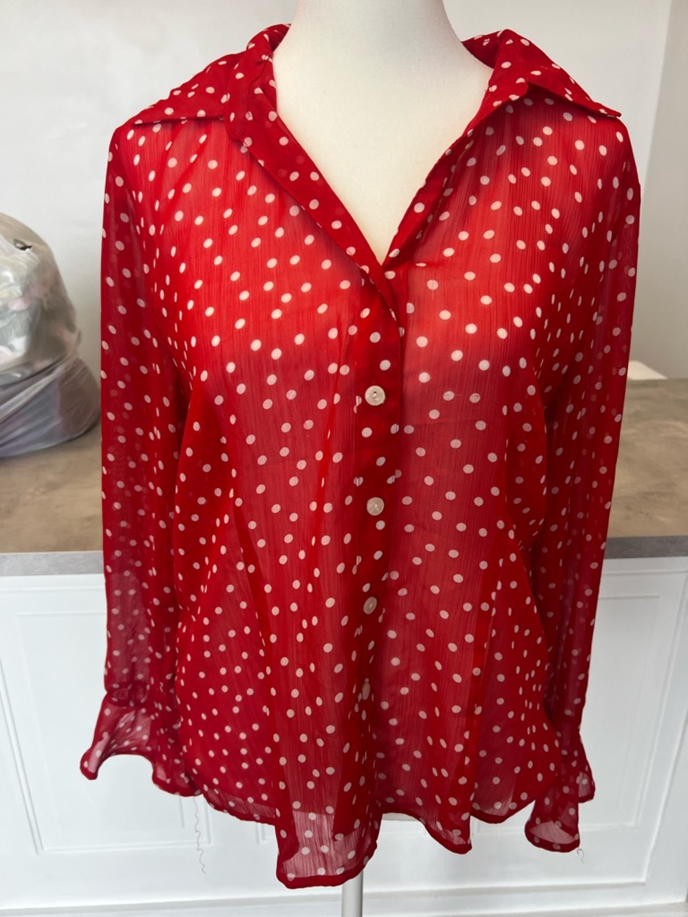 Sag Harbor Red Polka Dot Sheer Button-Up Blouse